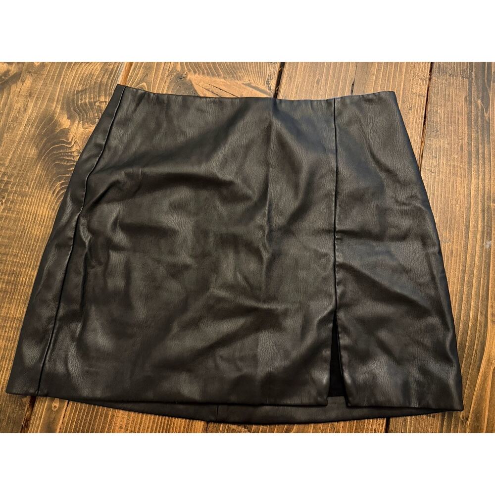 Anthropologie Maeve Mini Skirt Women's US 14 Black A Line Slit Faux Leather